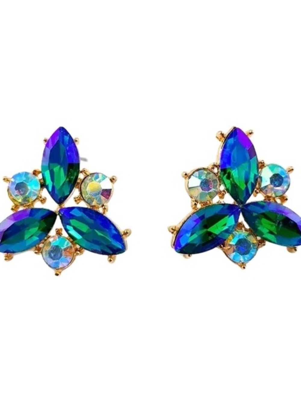 NWOT. Gold-tone Blue Green Crystal Stud Earrings